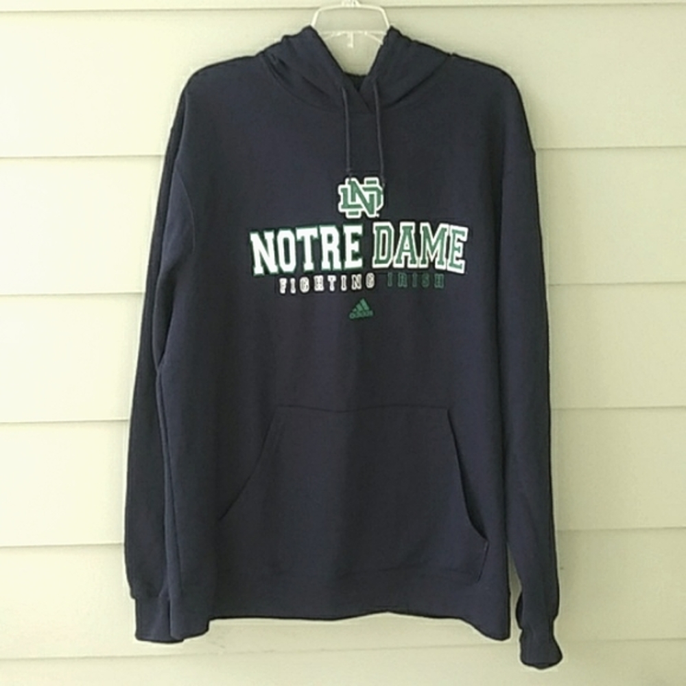 Men's Adidas Notre Dame Hooded Sweatshirt XL Blue w Green White Fabric Letters